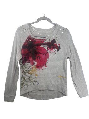 Desigual Womens Top Sz L Gray/Red Sweatshirt Floral Artsy Streetwear Boho Lghtwt